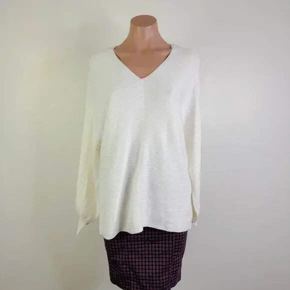 1 State V Neck Ribbed Knit Balloon Sleeve Pullover Sweater White Cream Large NWT - Picture 3 of 12